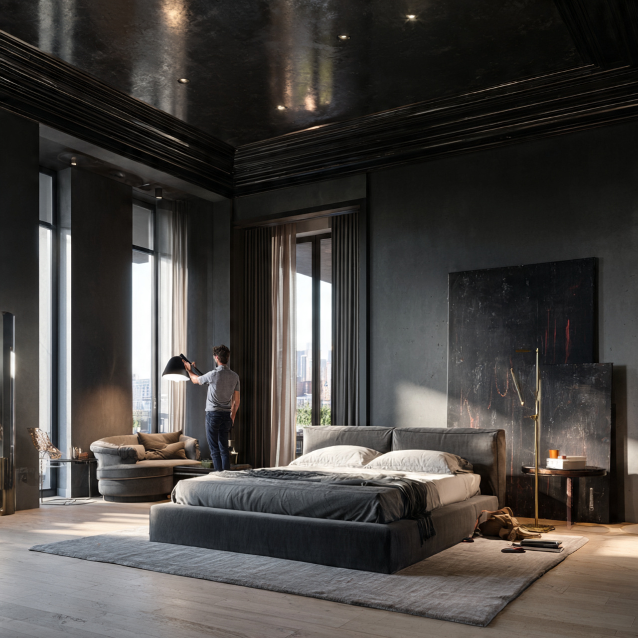 a spacious bedroom featuring a high gloss black 1