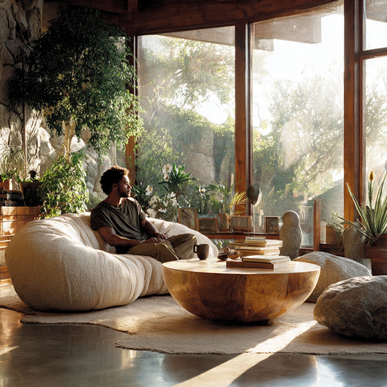 a spacious biophilic inspired living room with floor to ceiling