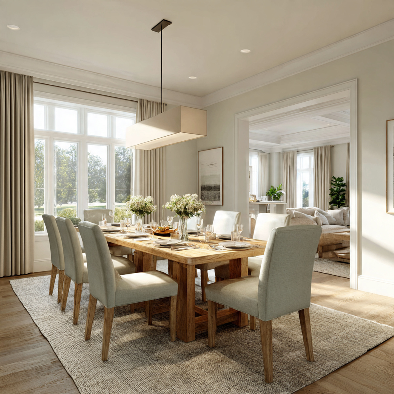 a spacious dining room with a long