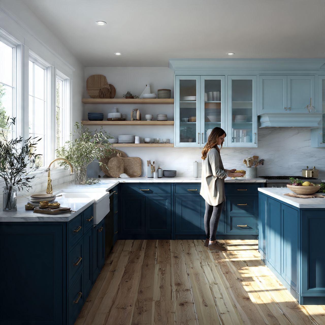 a spacious kitchen with two tone blue cabinets 1