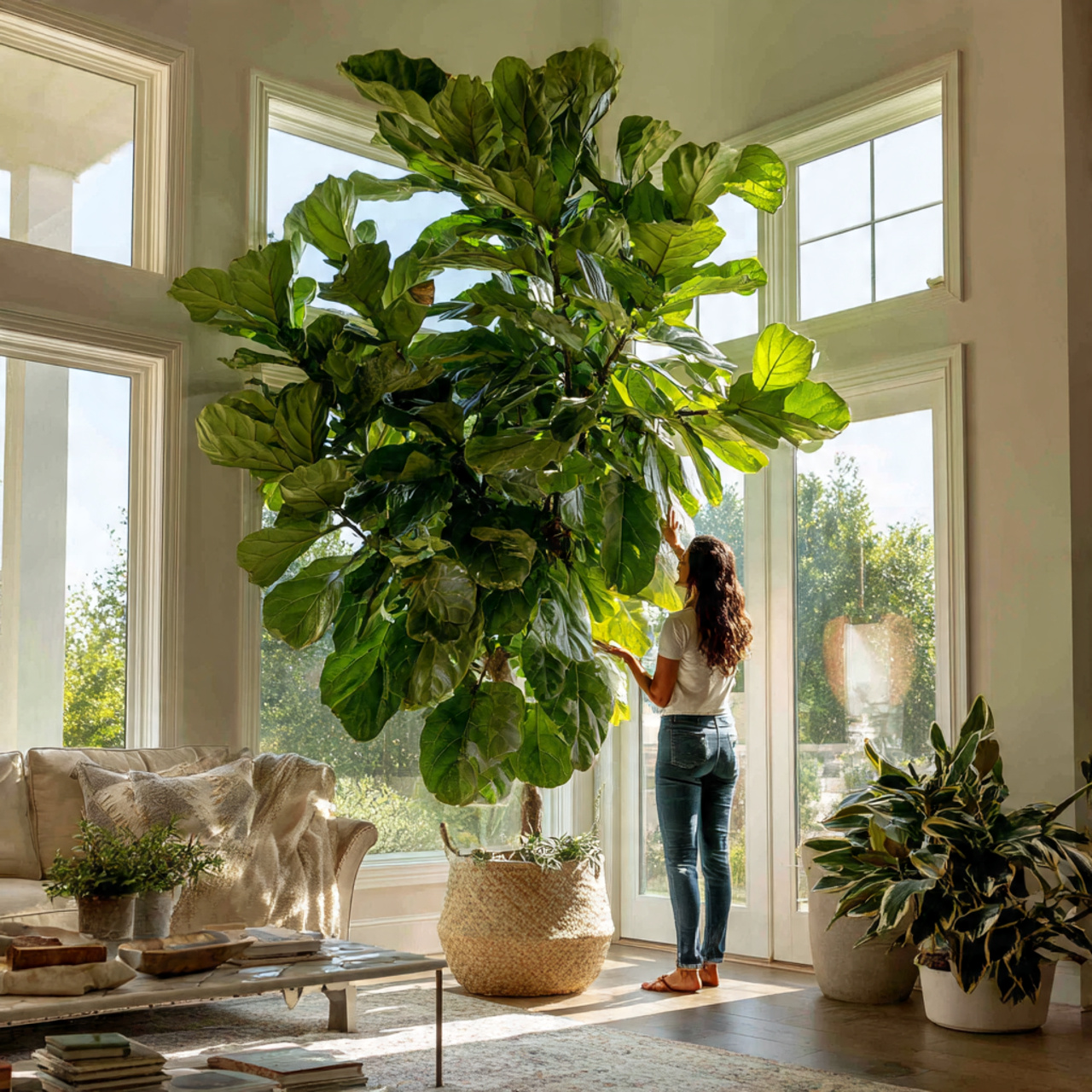 a spacious living room with a towering