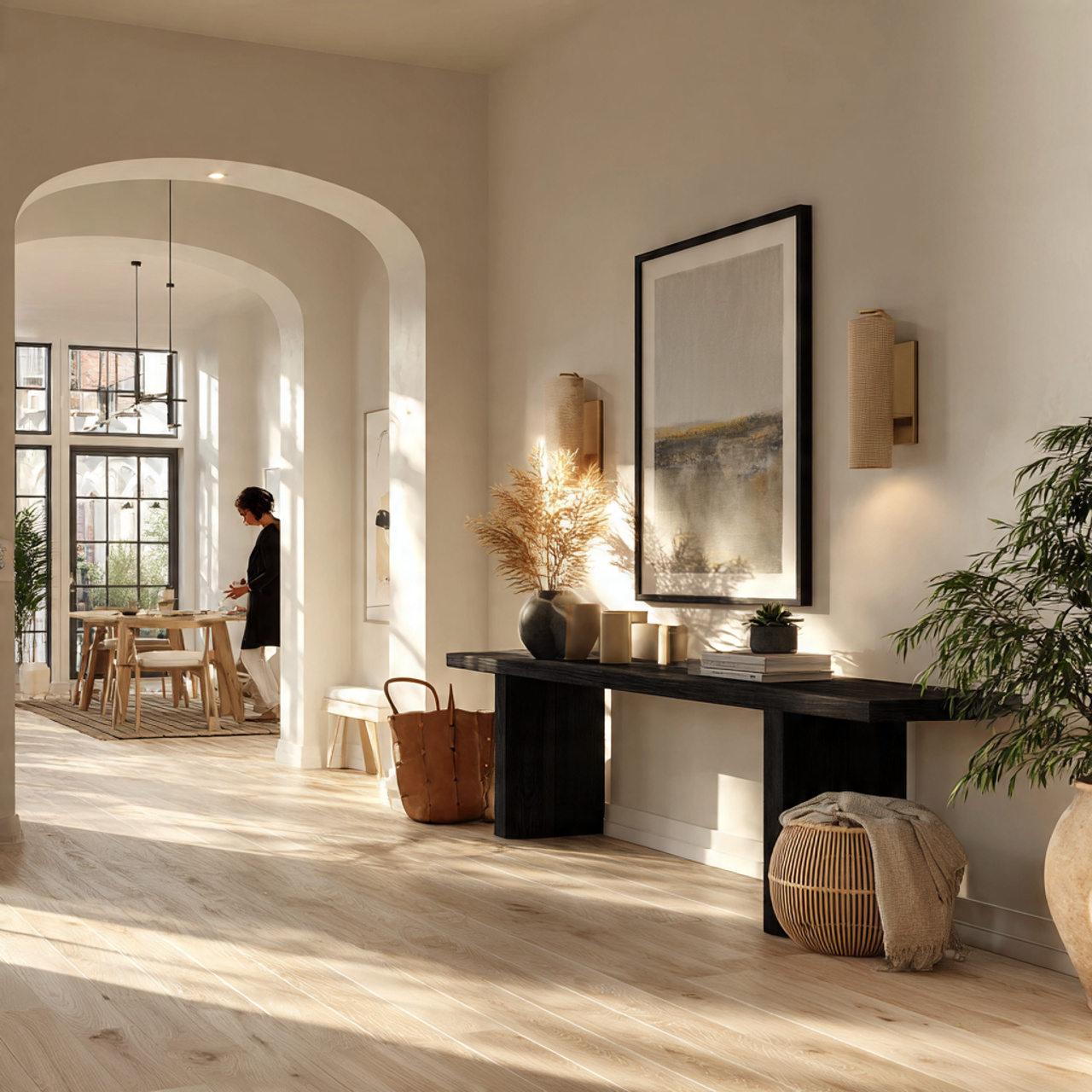 a spacious open plan interior with bleached wood