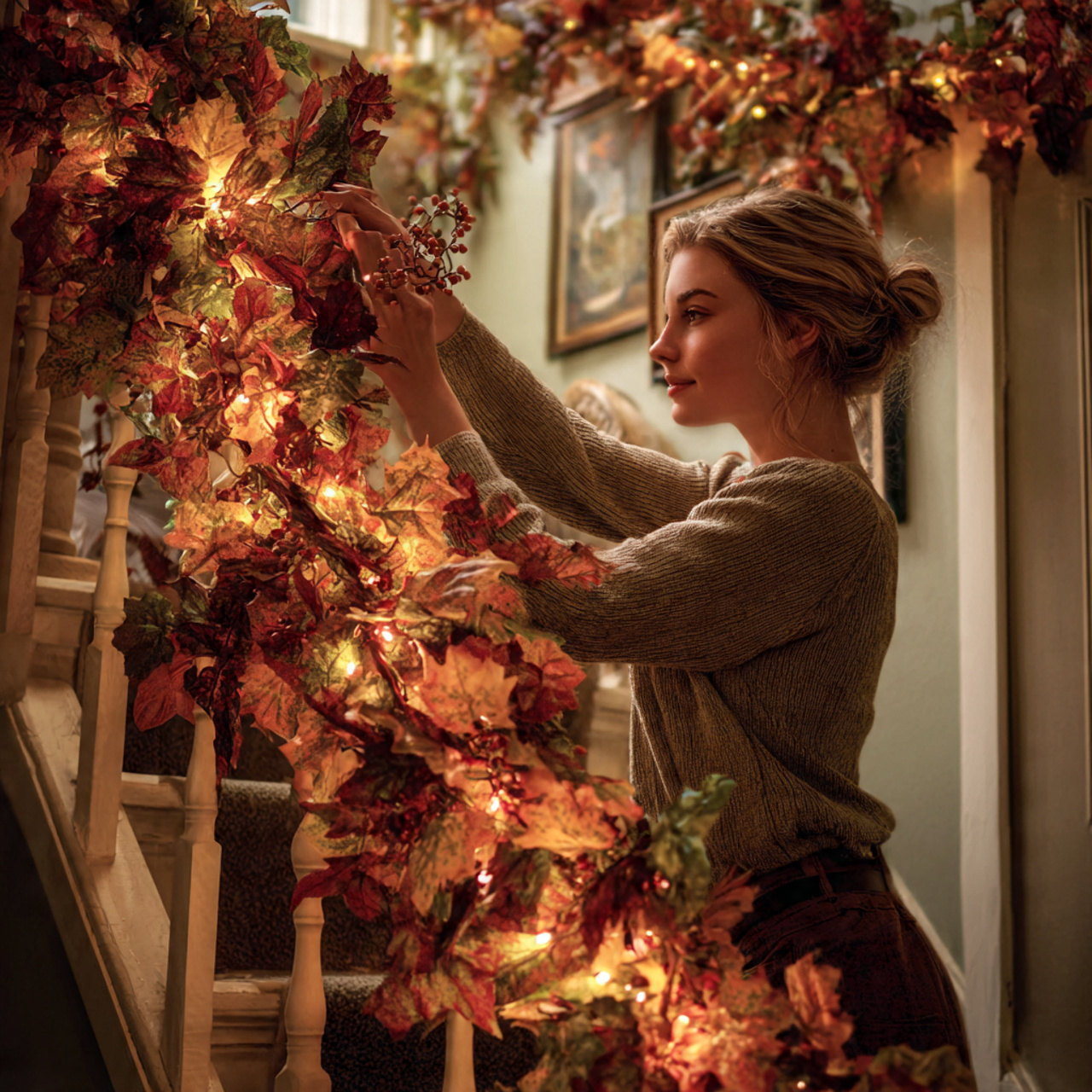 a staircase wrapped with a thick garland