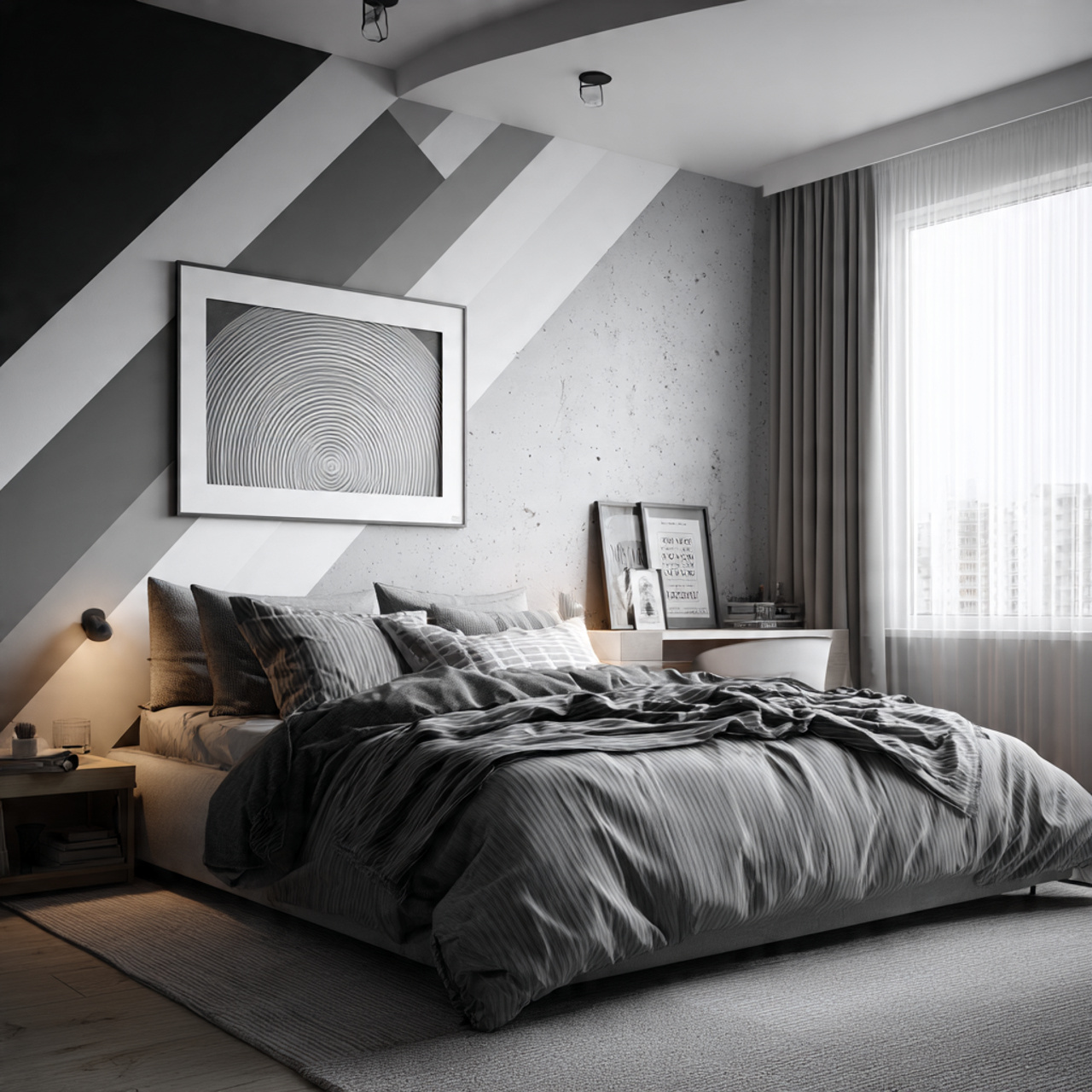 a stylish black and white bedroom with a bold
