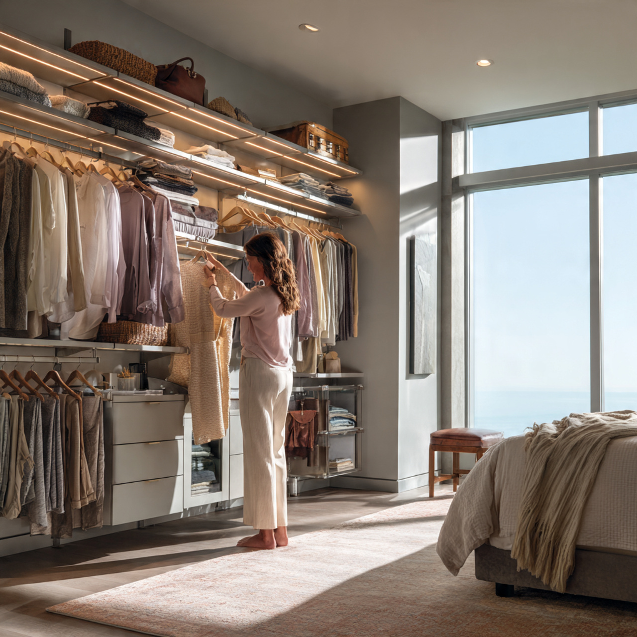 a stylish contemporary bedroom featuring an organized