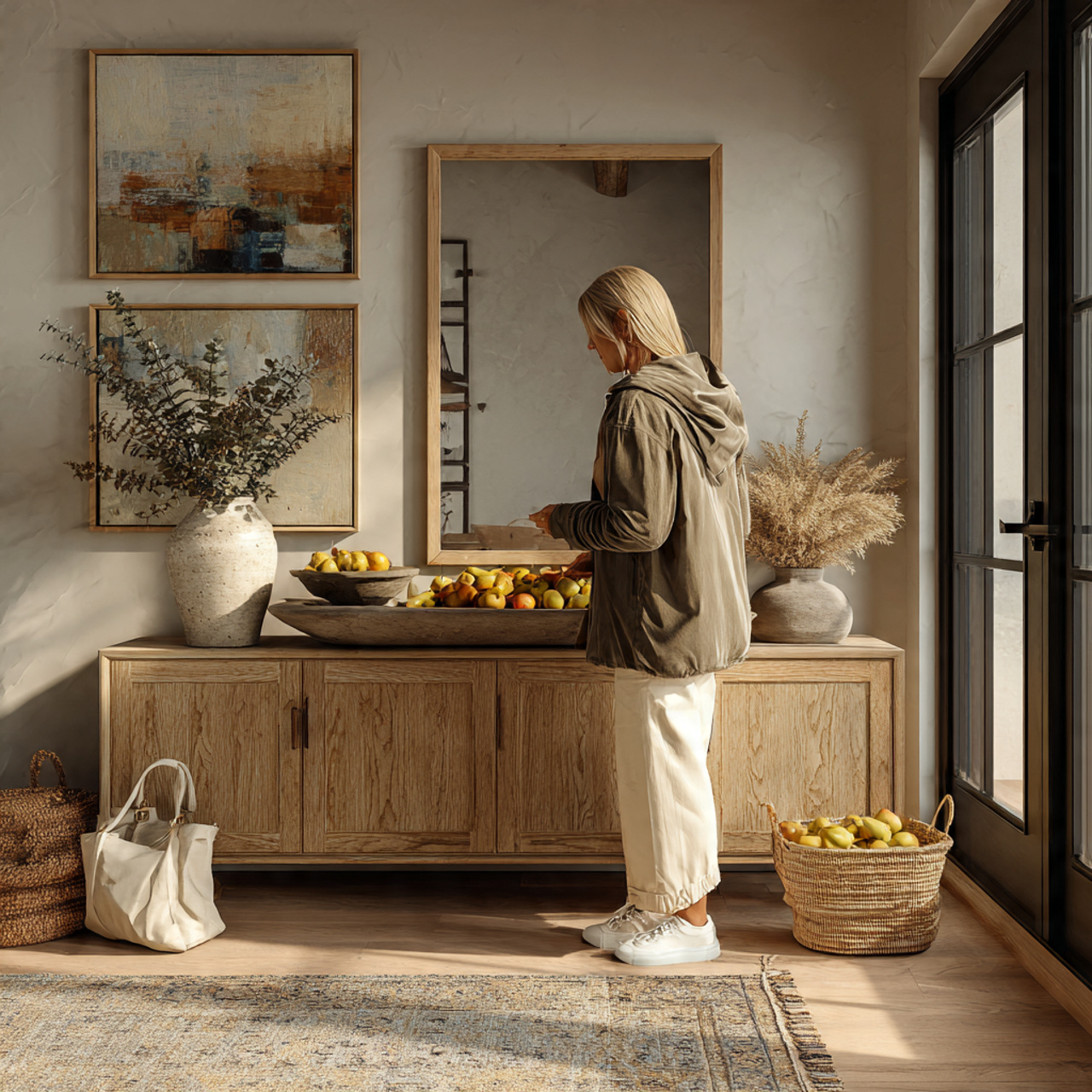 a stylish entryway with a neutral table