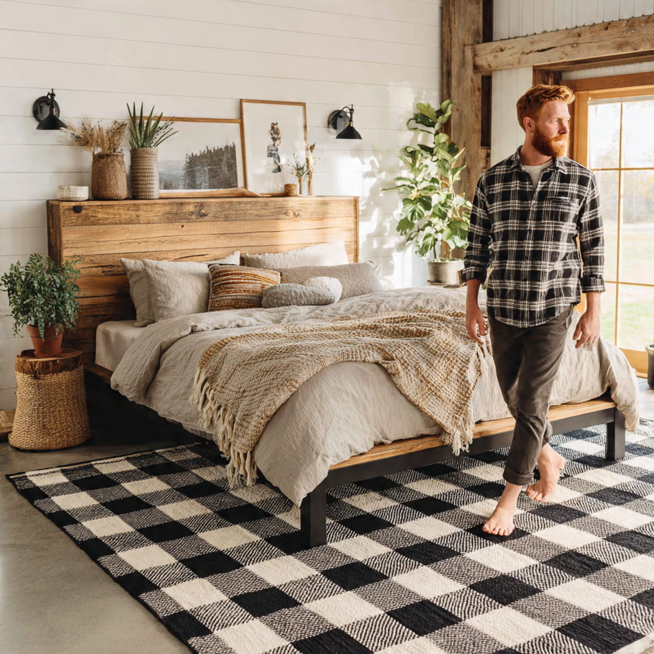 25 Farmhouse Bedroom Ideas to Create a Warm, Elegant Retreat 10 a stylish farmhouse bedroom featuring a black and white 1