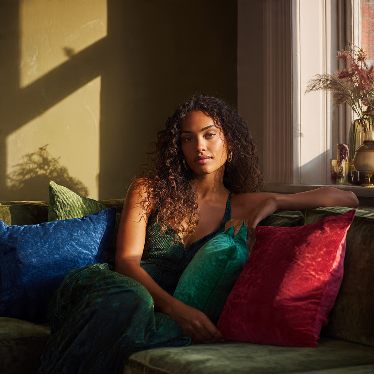 a stylish living room with a moss green