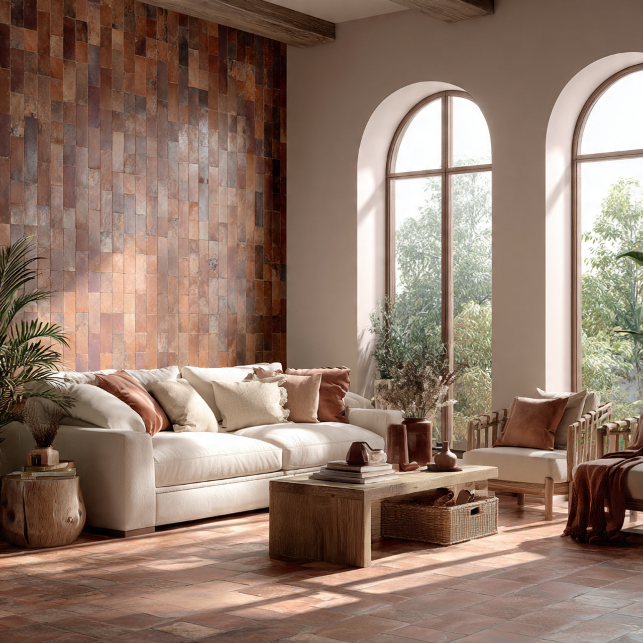 a stylish living room with a rustic