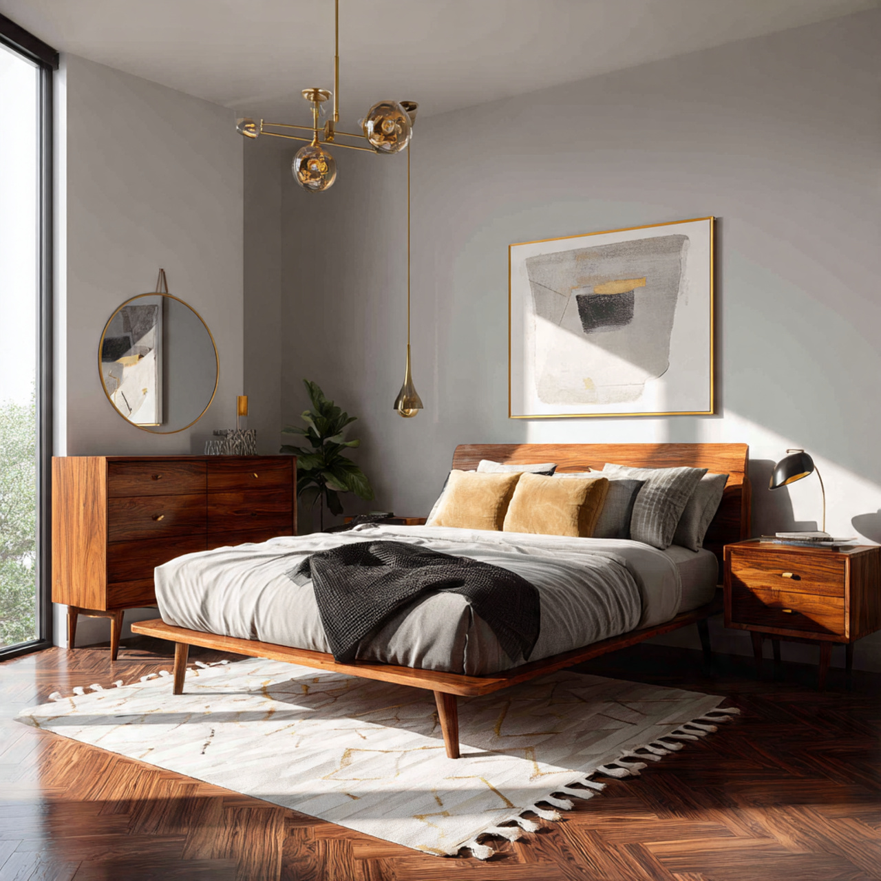 a stylish mid century modern bedroom featuring warm