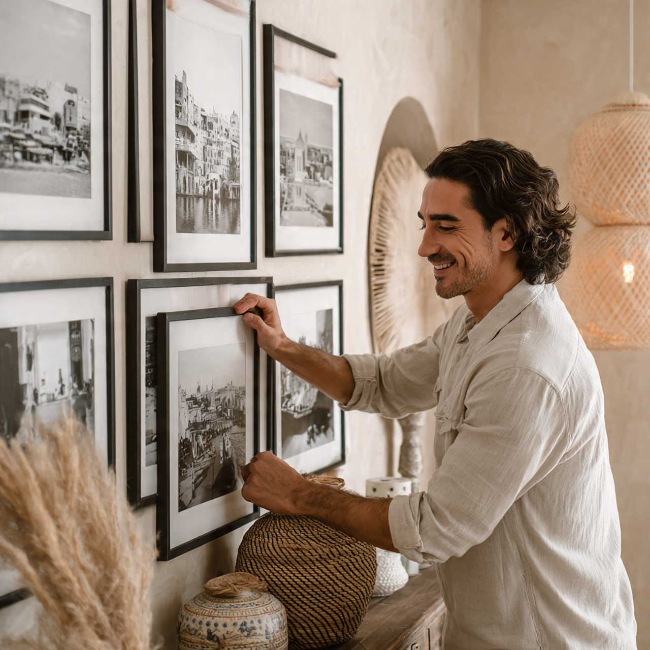 a stylish nursery wall featuring framed monochrome