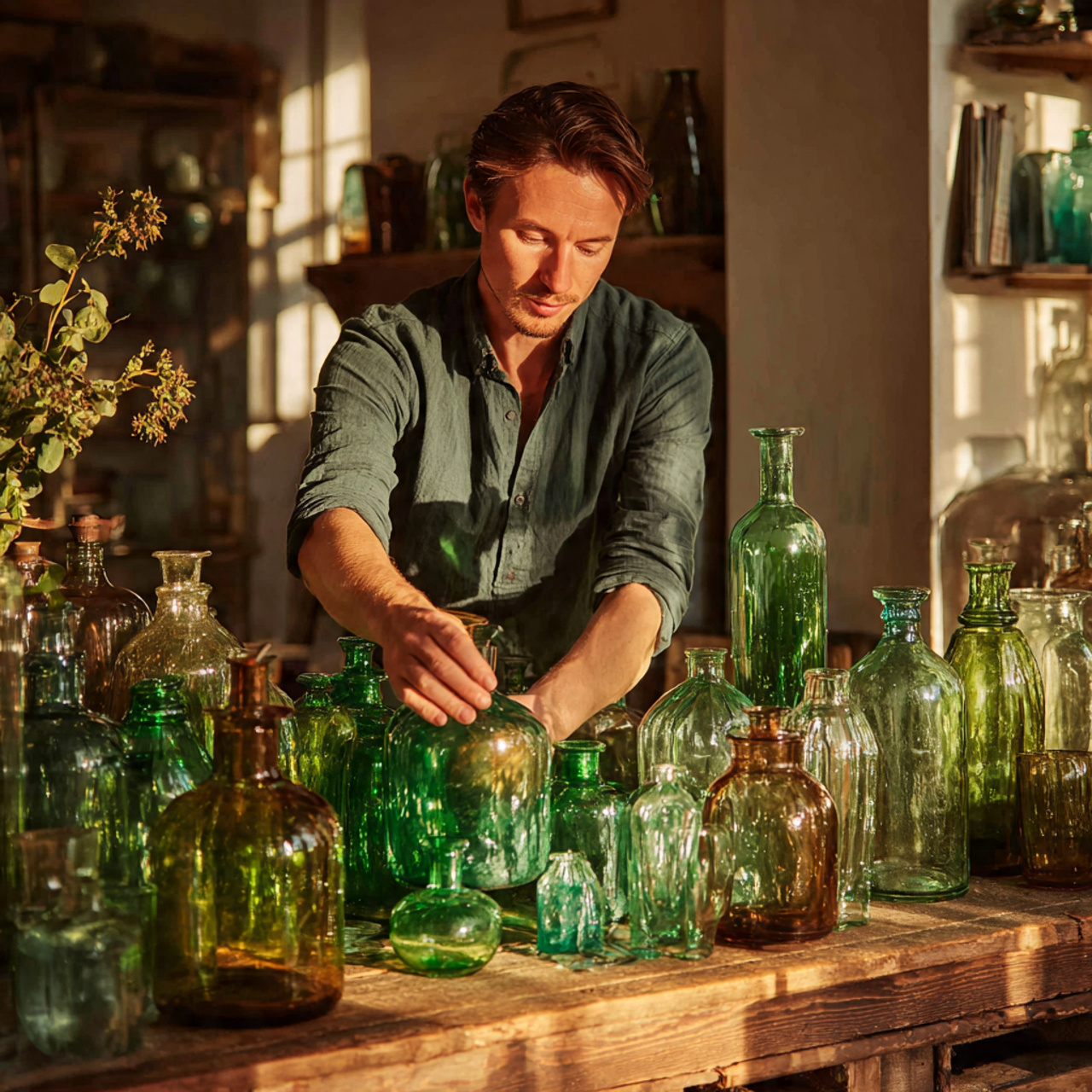 a sunlit living room shelf decorated with
