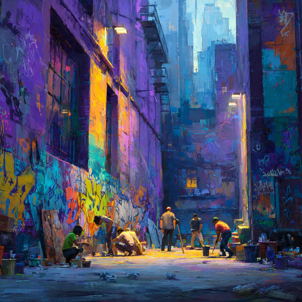 a vibrant city alley covered in bold