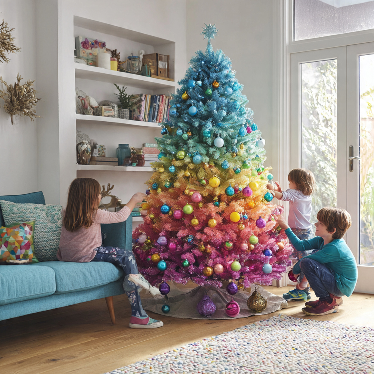 a vibrant living room with a rainbow themed