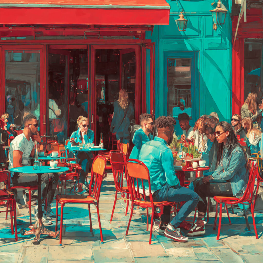 a vibrant street caf scene with red