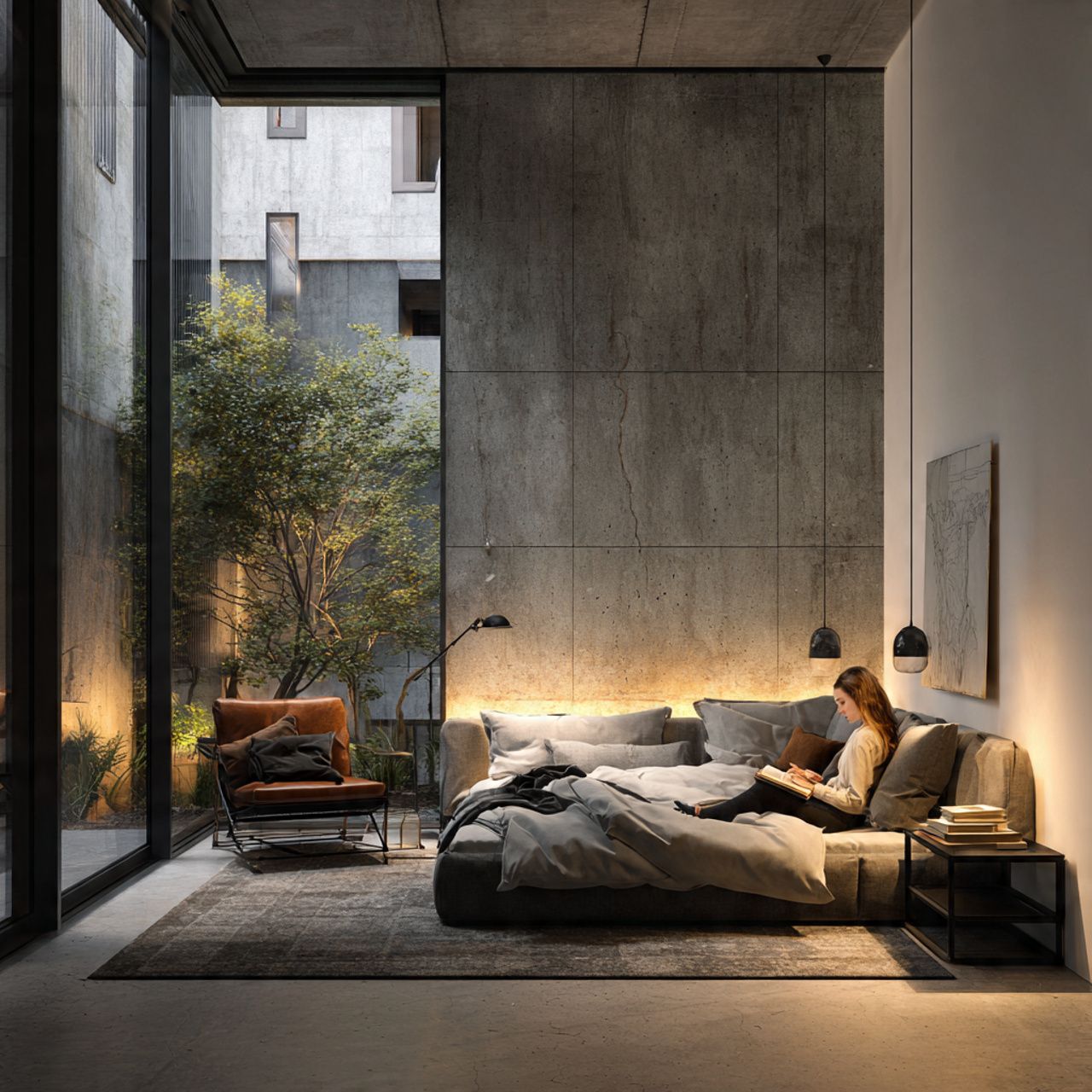 a visually striking bedroom featuring a concrete