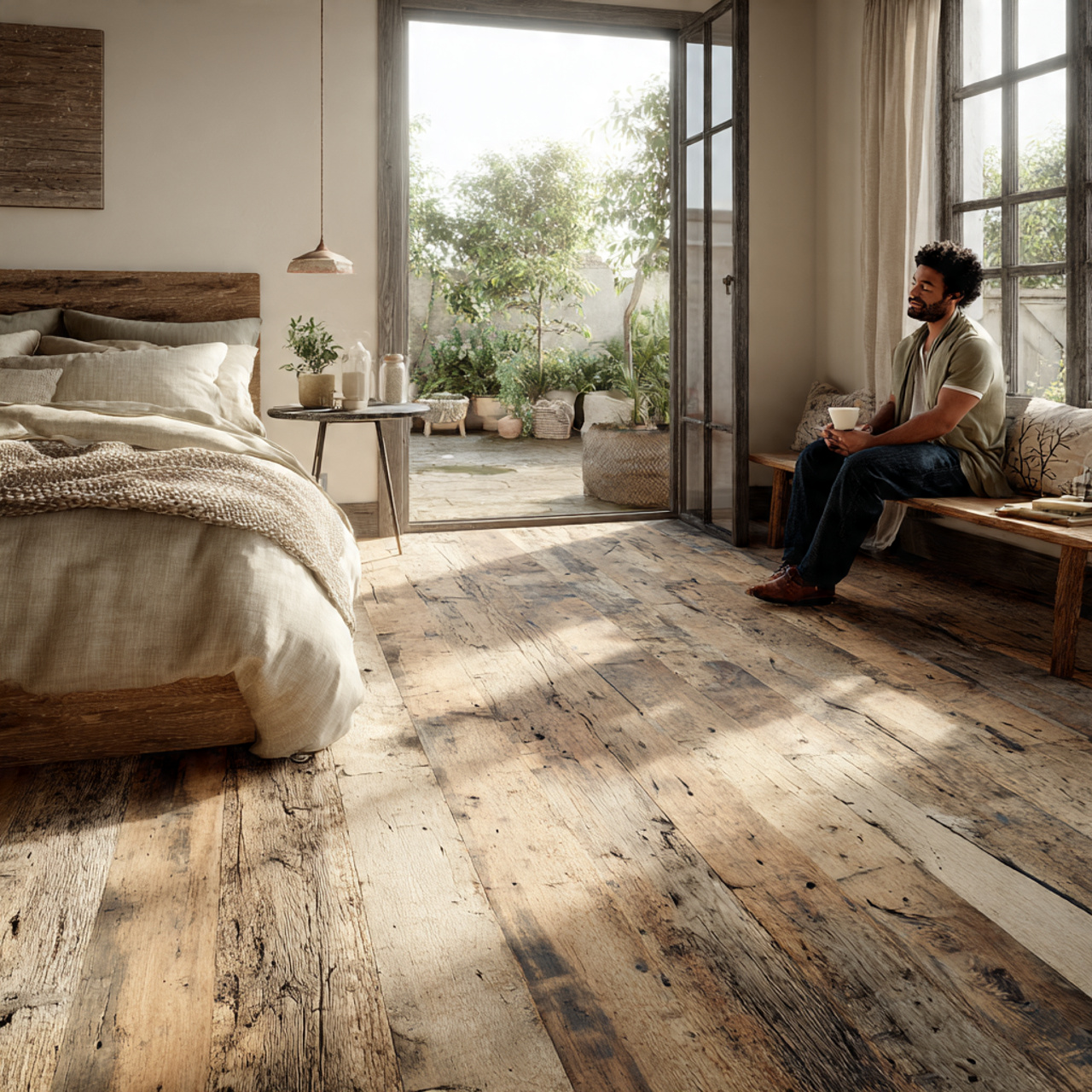 25 Farmhouse Bedroom Ideas to Create a Warm, Elegant Retreat 8 a warm farmhouse bedroom with wide plank distressed 1