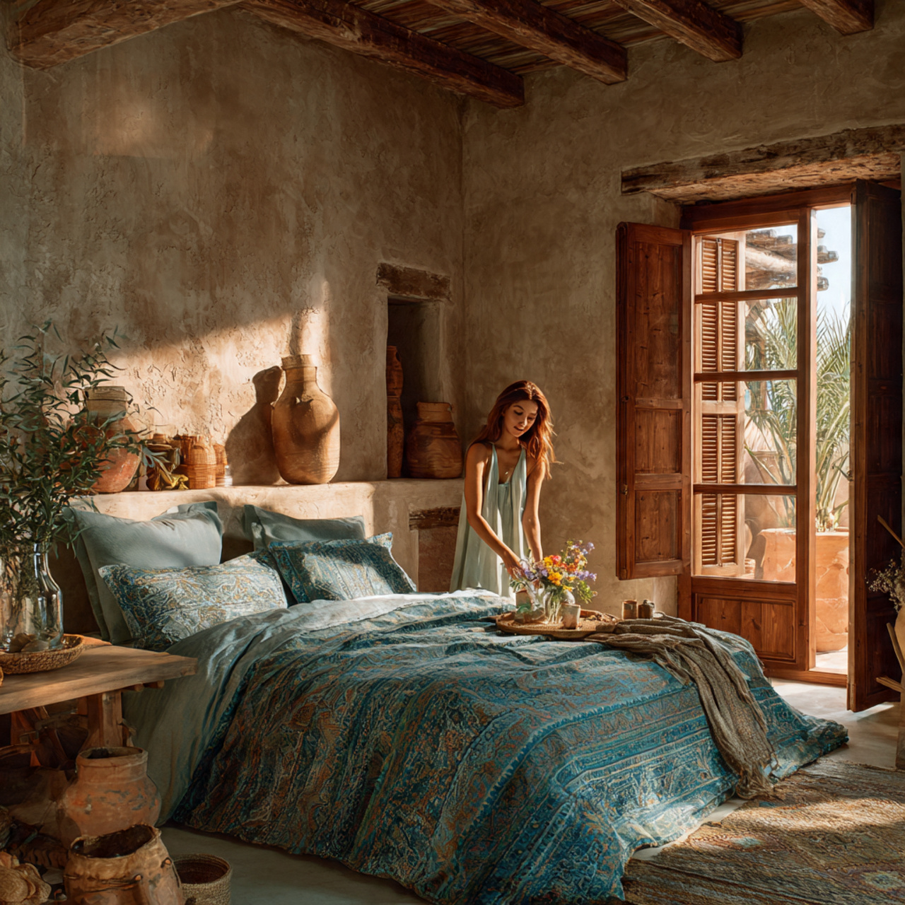 a warm mediterranean inspired bedroom using bedroom color