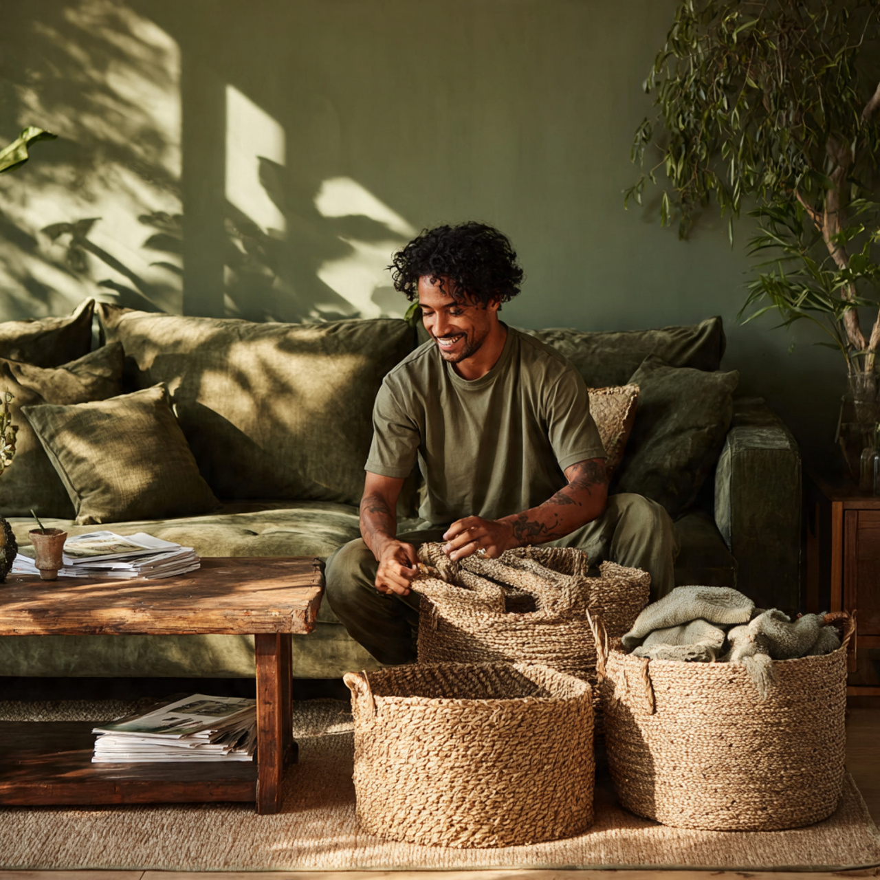 a warm natural living room styled with