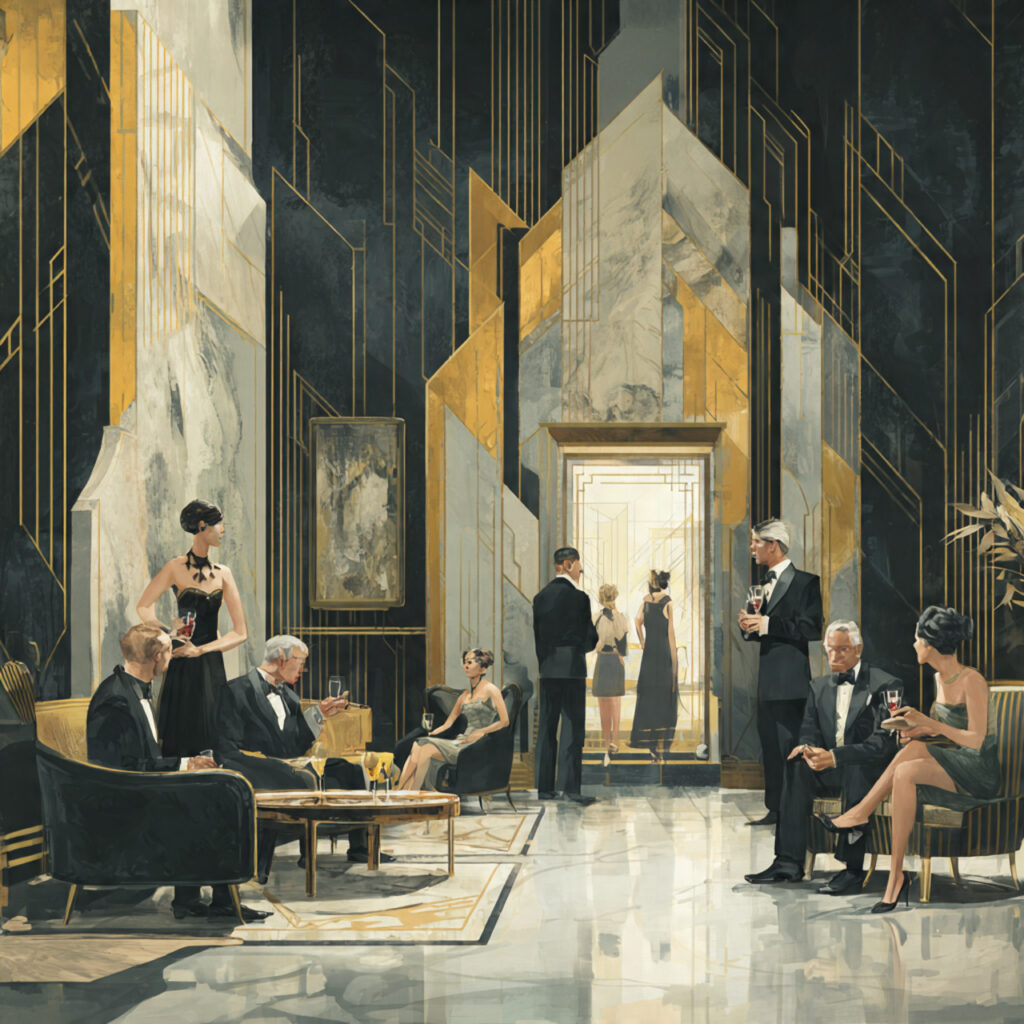 an elegant art deco room with black