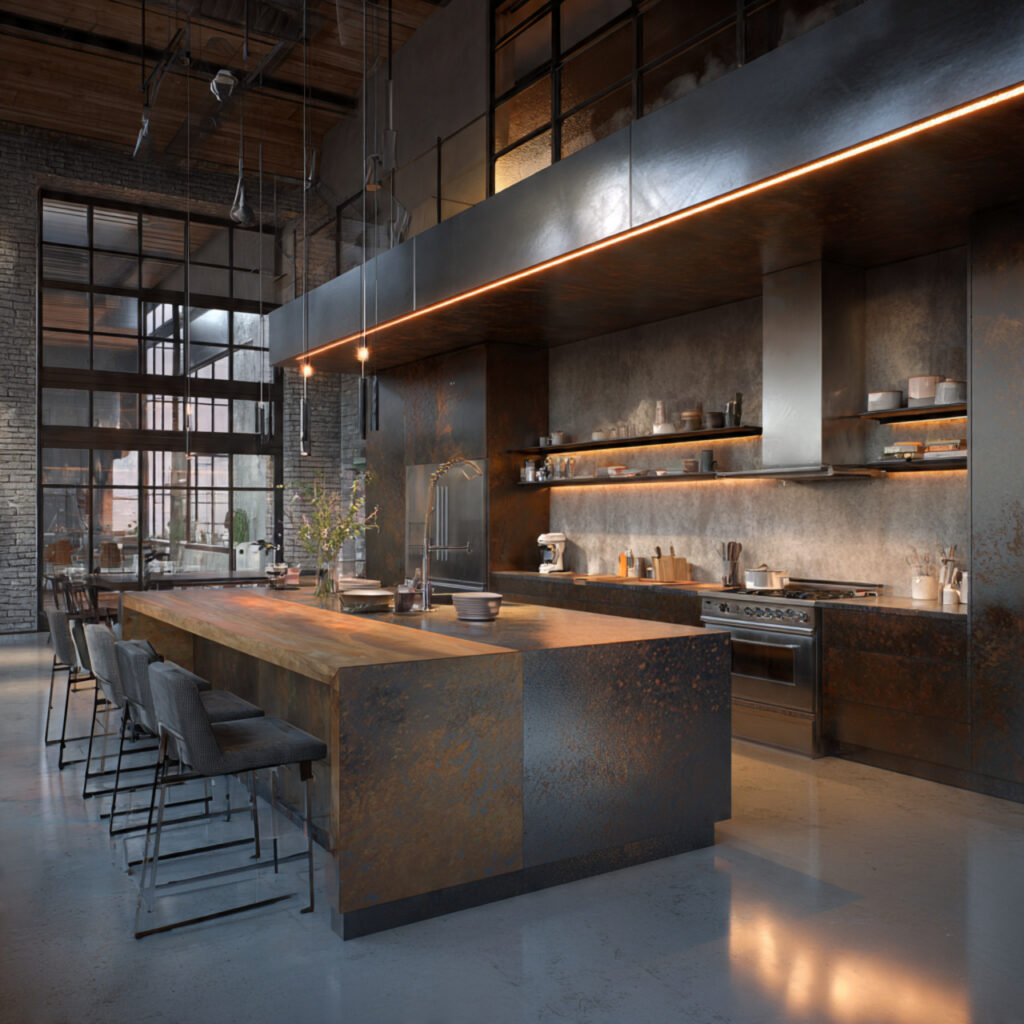 an industrial style loft with polished steel aged