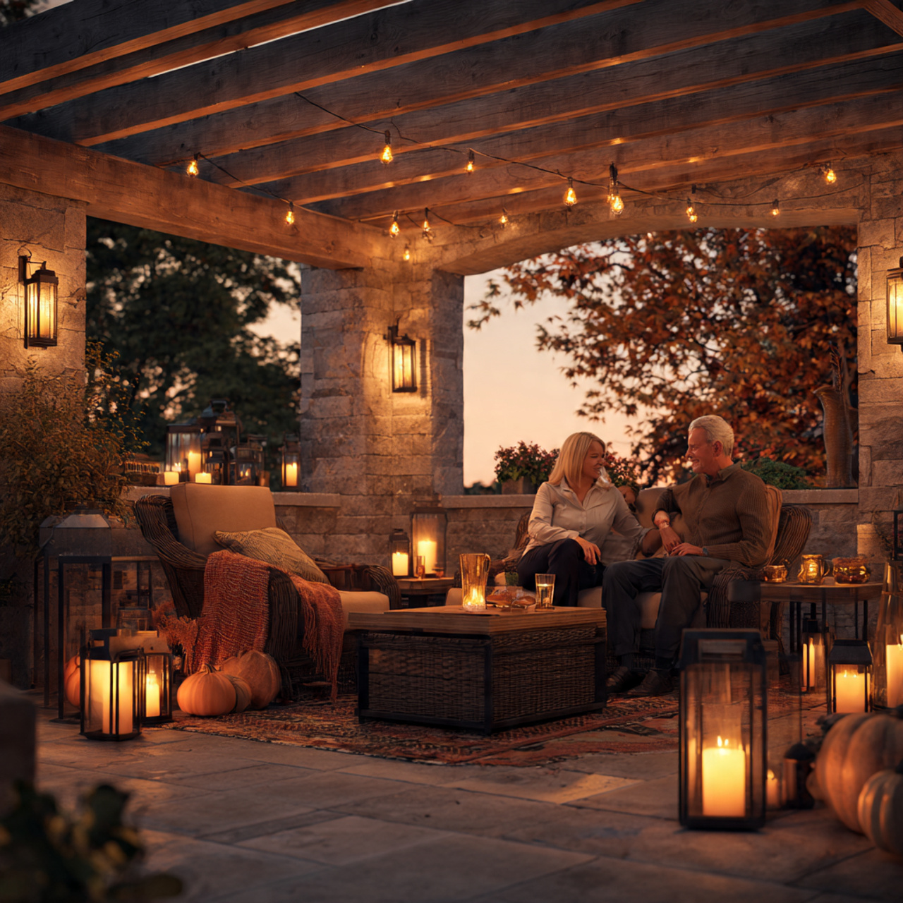 an inviting outdoor patio lit with low wattage