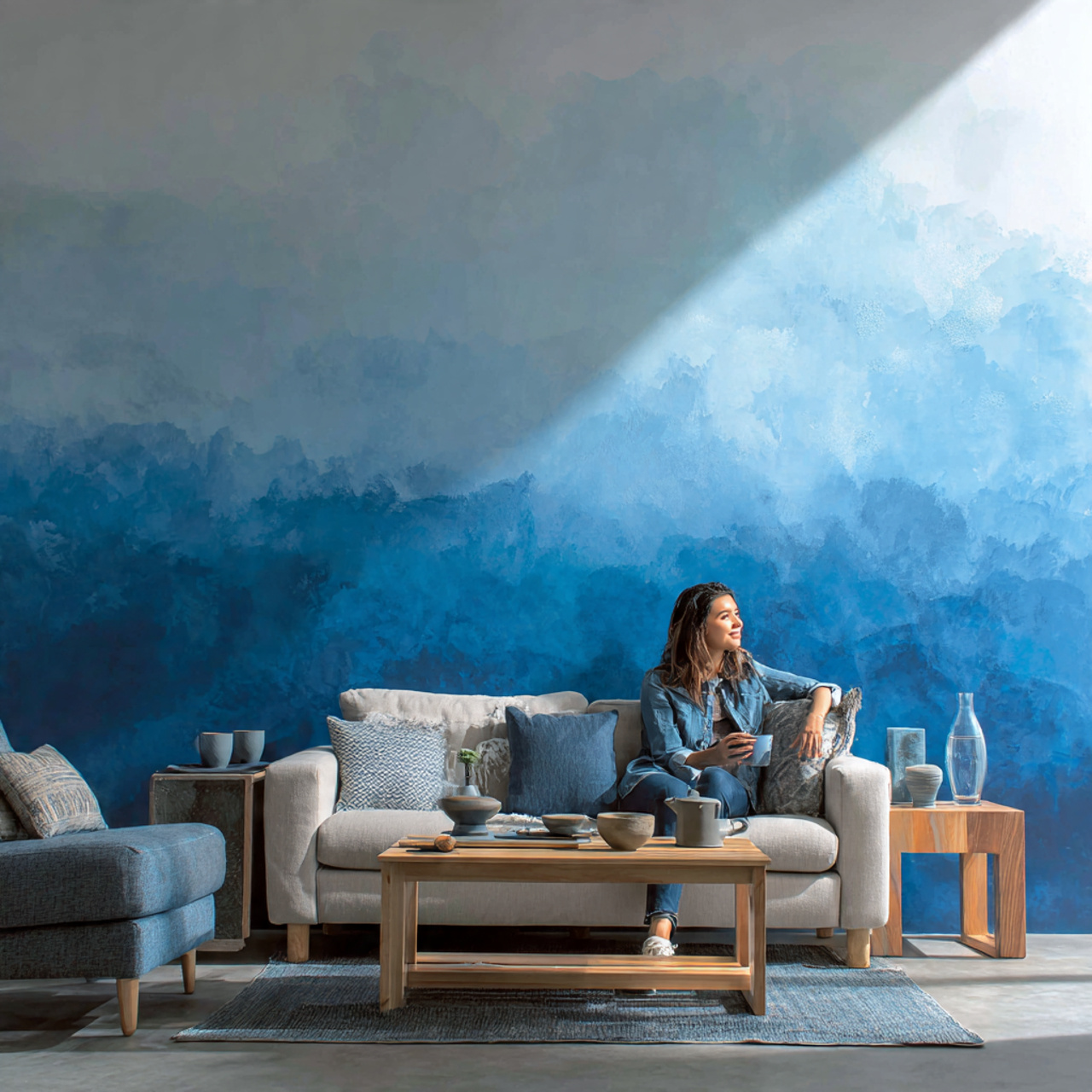 artistic living room featuring blue living room