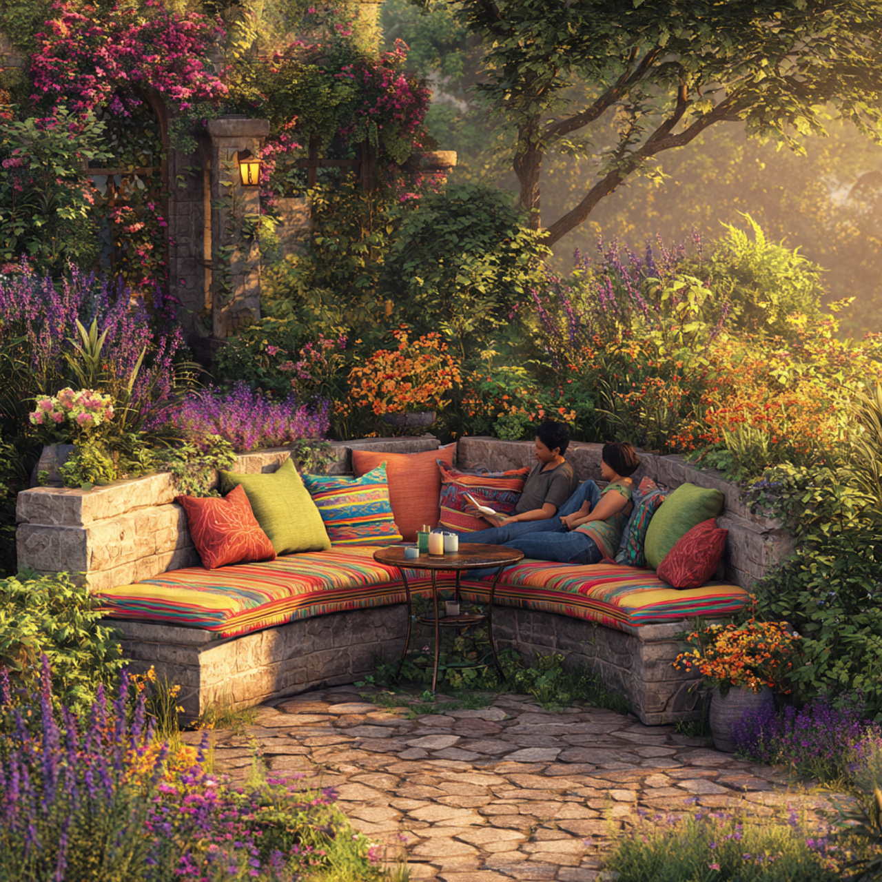 backyard scene with a solid stone bench 1