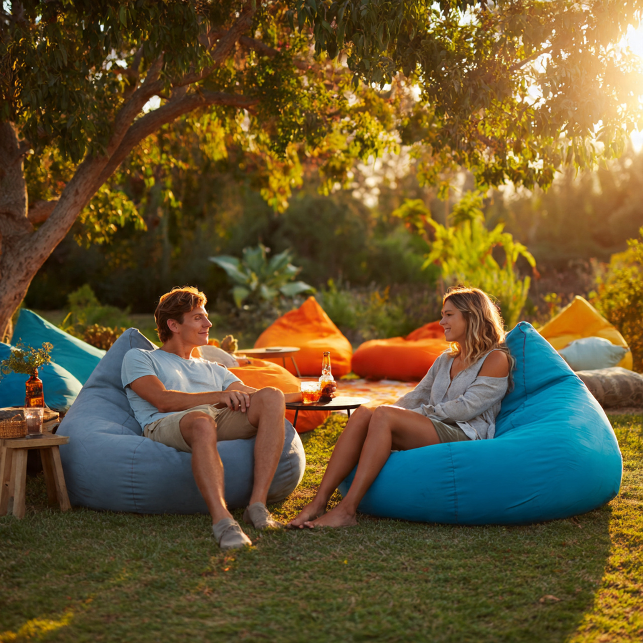 backyard scene with large colorful weatherproof bean