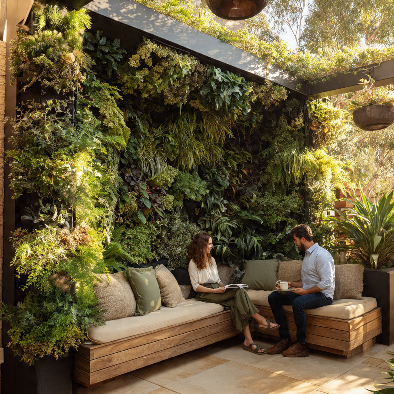 backyard seating area with a lush vertical