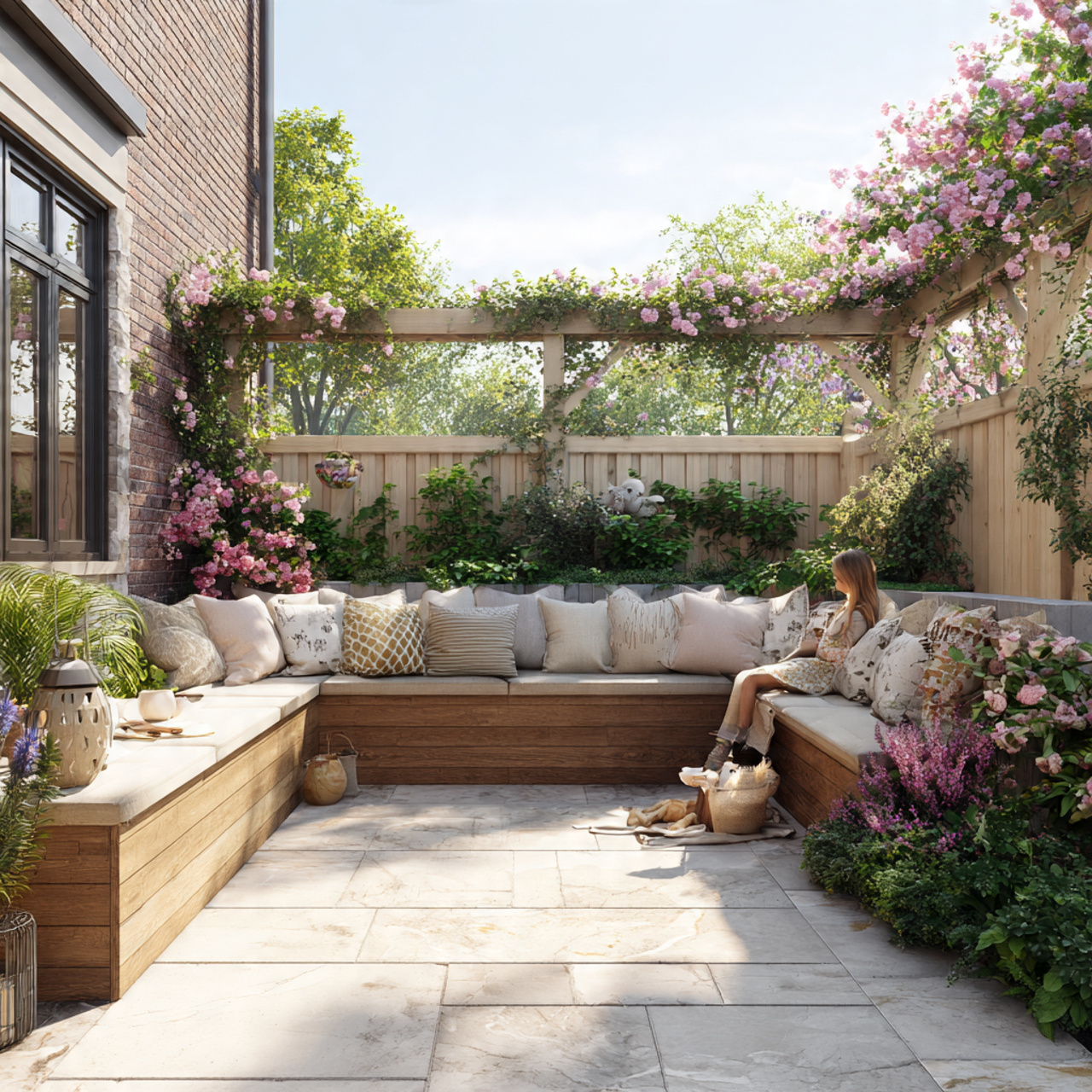 backyard with built in wooden bench along a