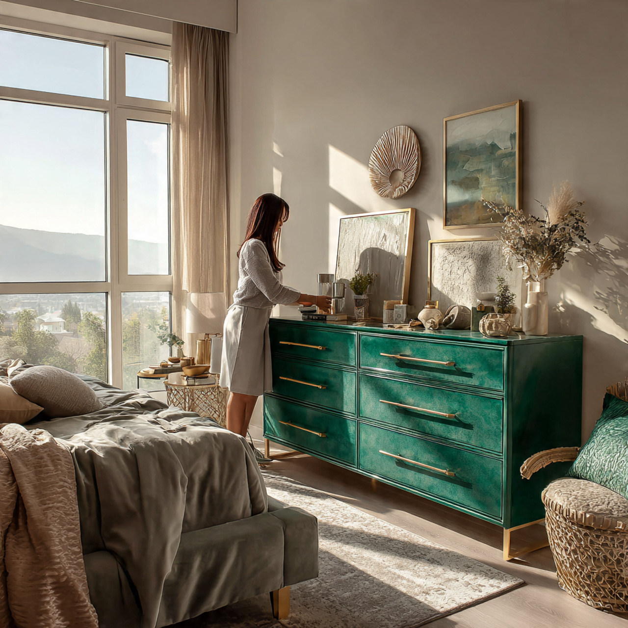 bedroom featuring a large emerald green dresser