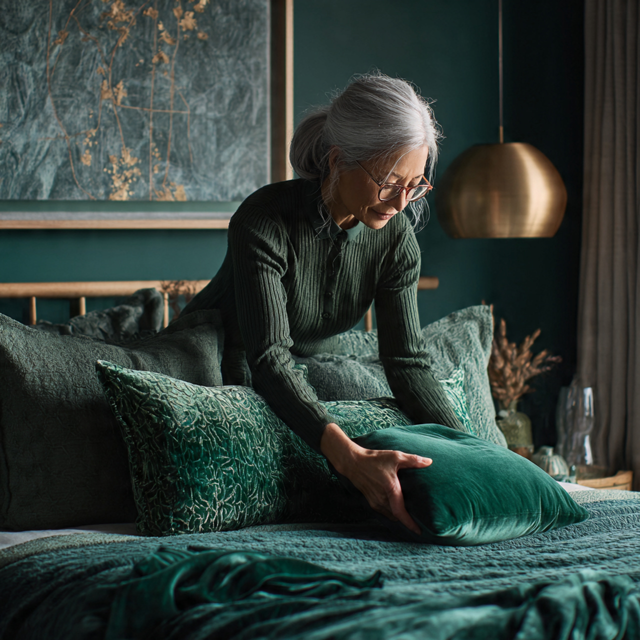 bedroom featuring a monochromatic emerald green palette