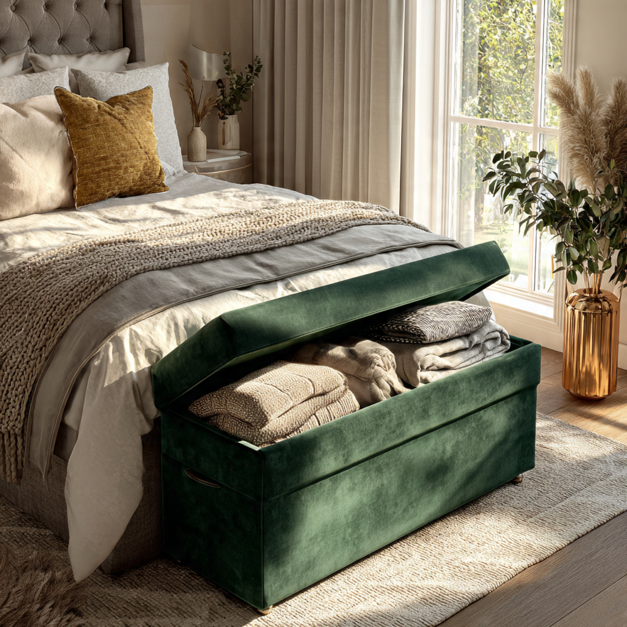 bedroom with a long emerald green upholstered