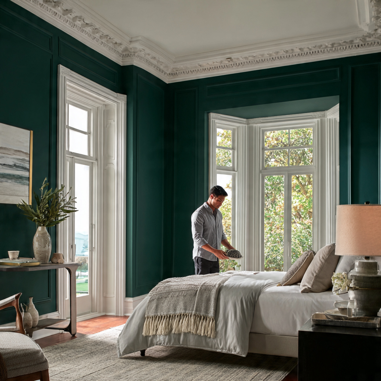 bedroom with deep emerald green walls and
