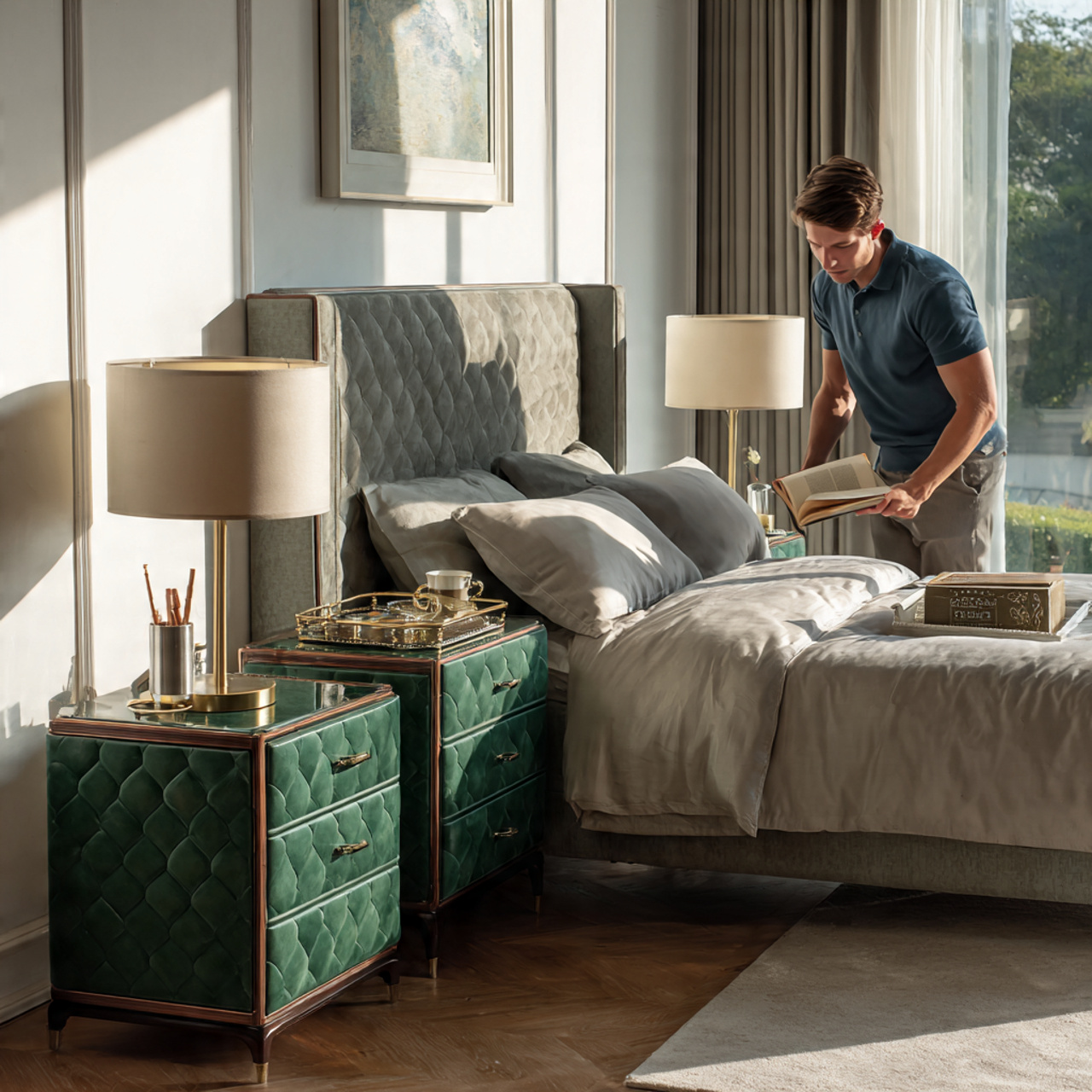 bedroom with emerald green nightstands on either