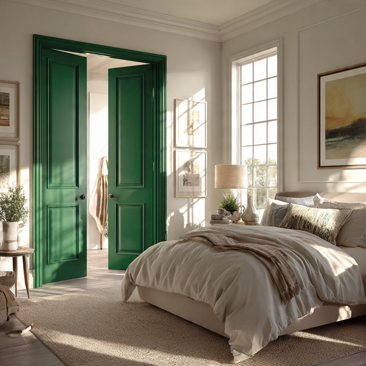 bedroom with emerald green painted doors and 1