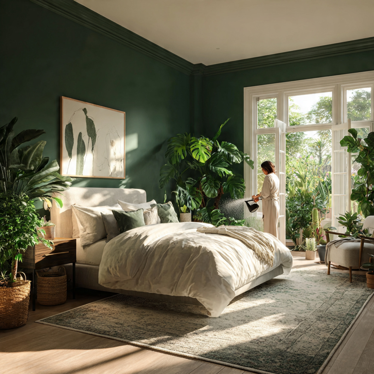 bedroom with emerald green walls and abundant