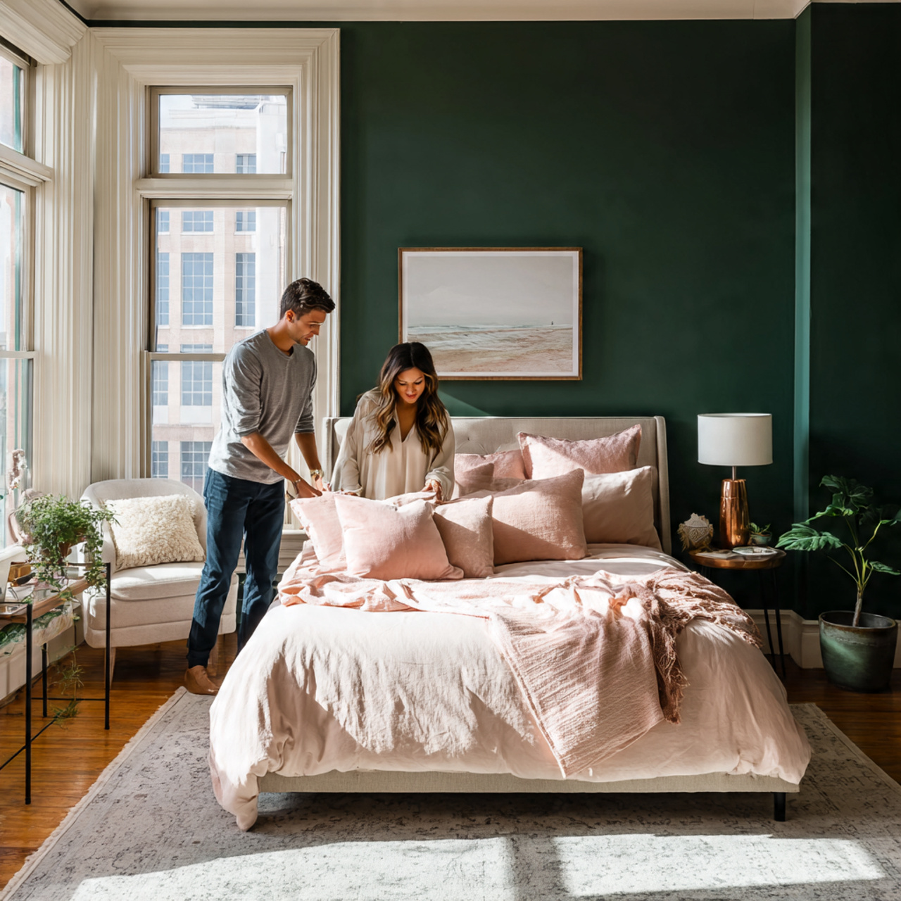 bedroom with emerald green walls and blush