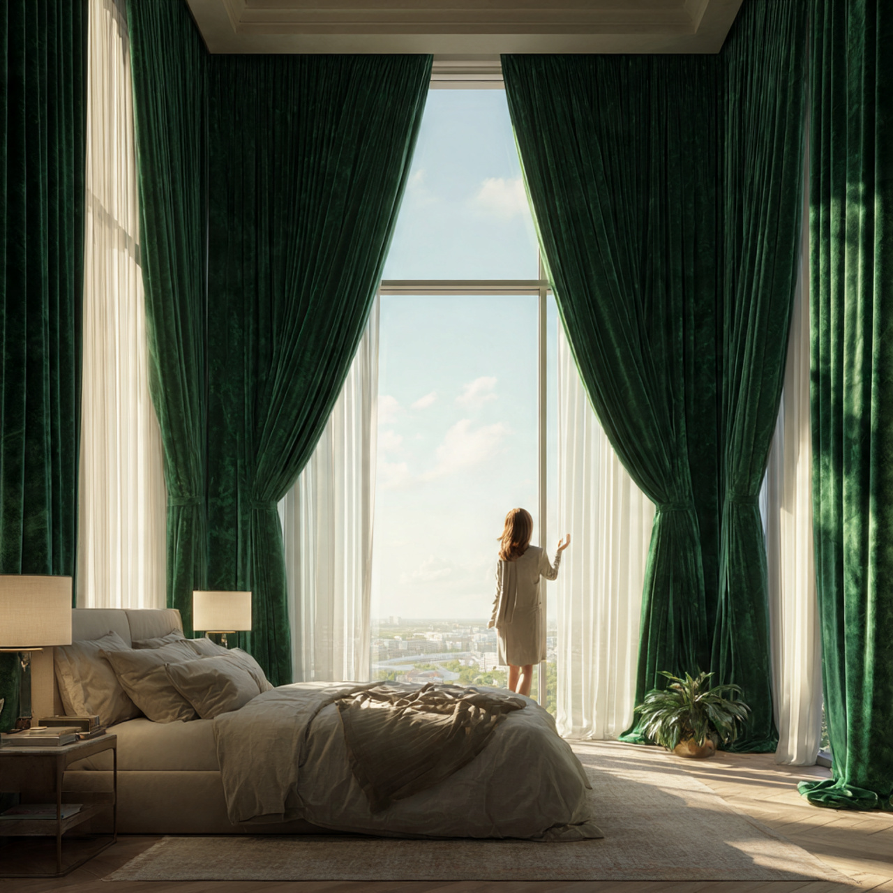 bedroom with floor to ceiling emerald green velvet drapes