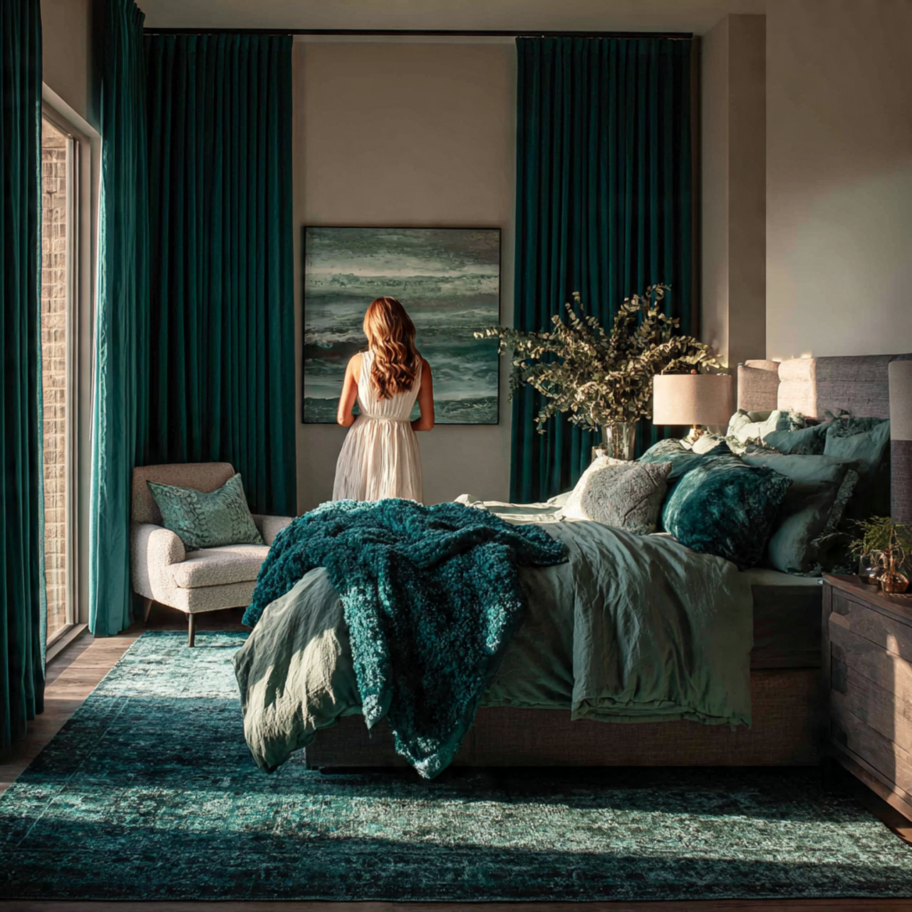 bedroom with layered shades of emerald and