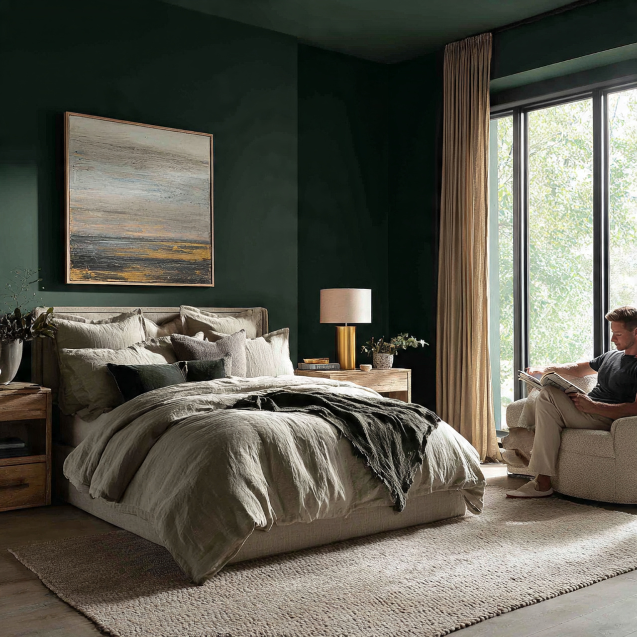 bedroom with matte emerald green walls light colored 1