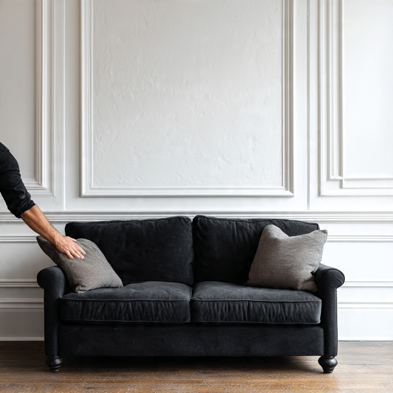 black couch against a wall with crisp