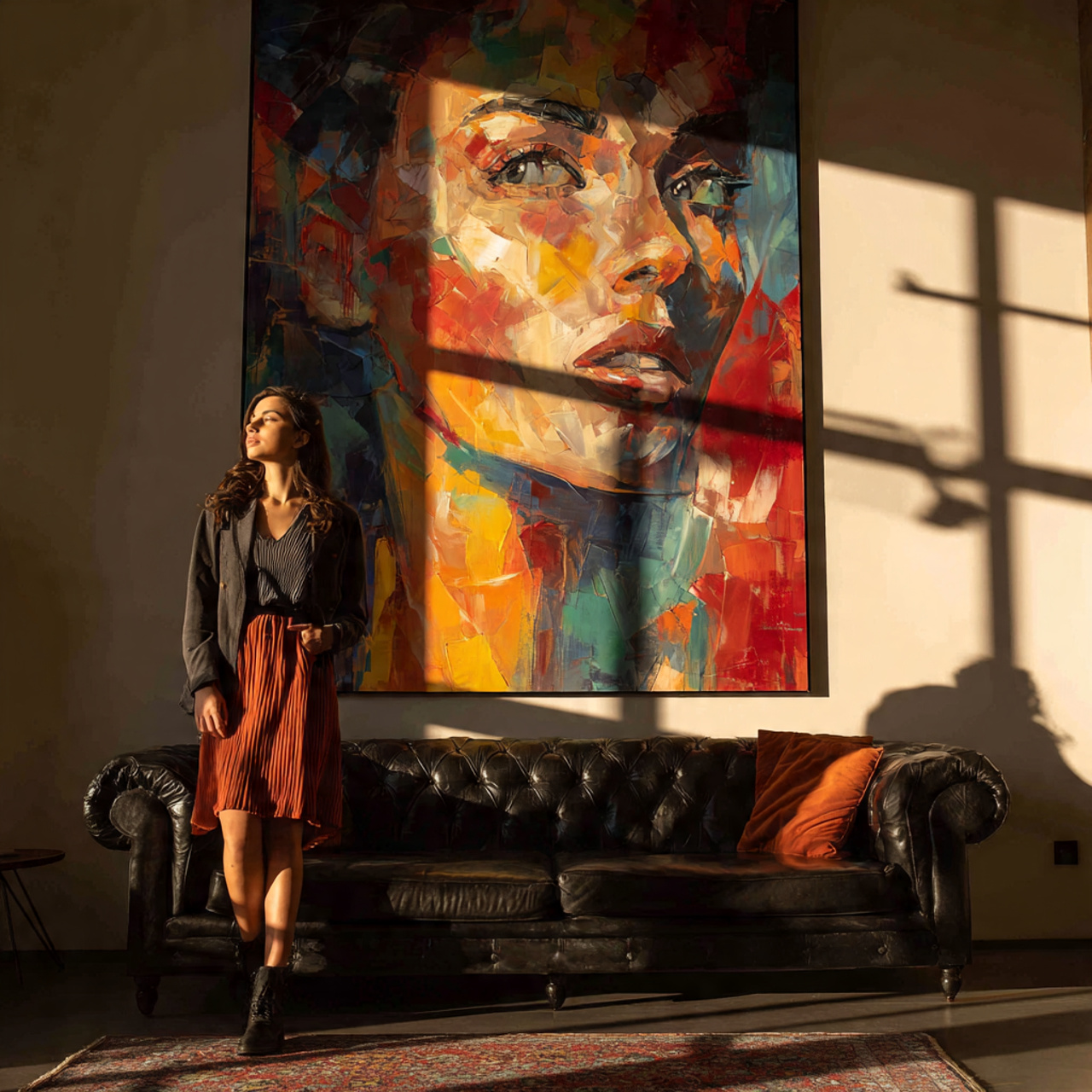 black couch beneath a large bold colorful