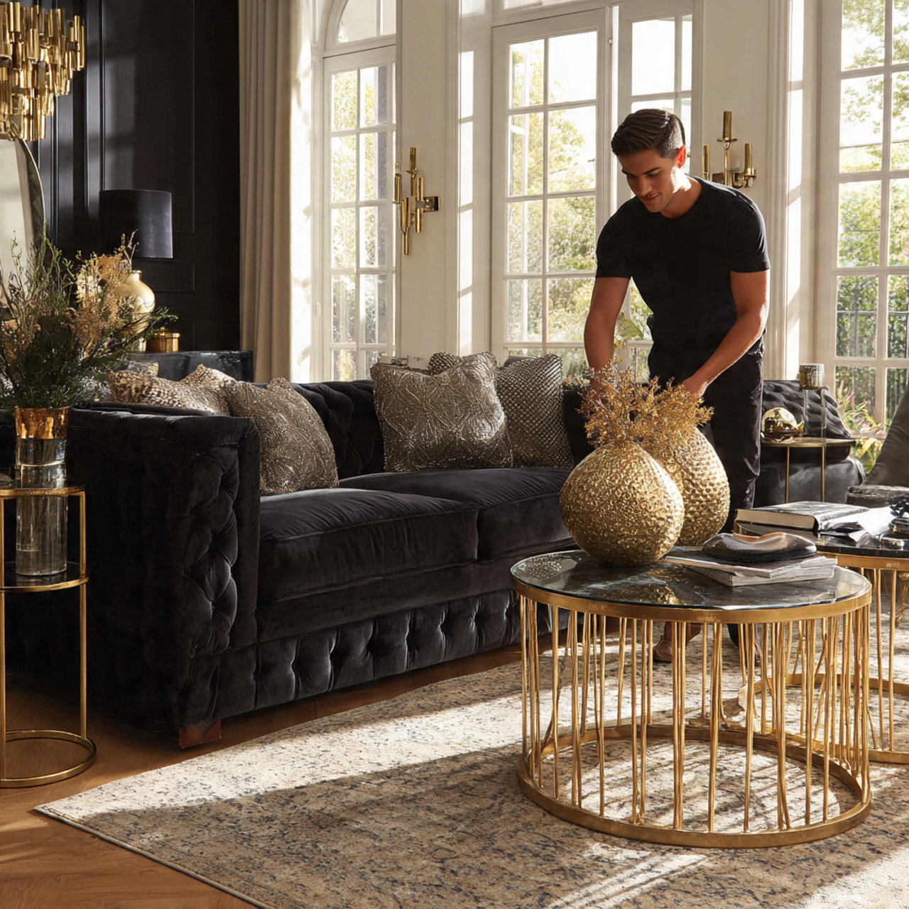 black couch in a modern living room