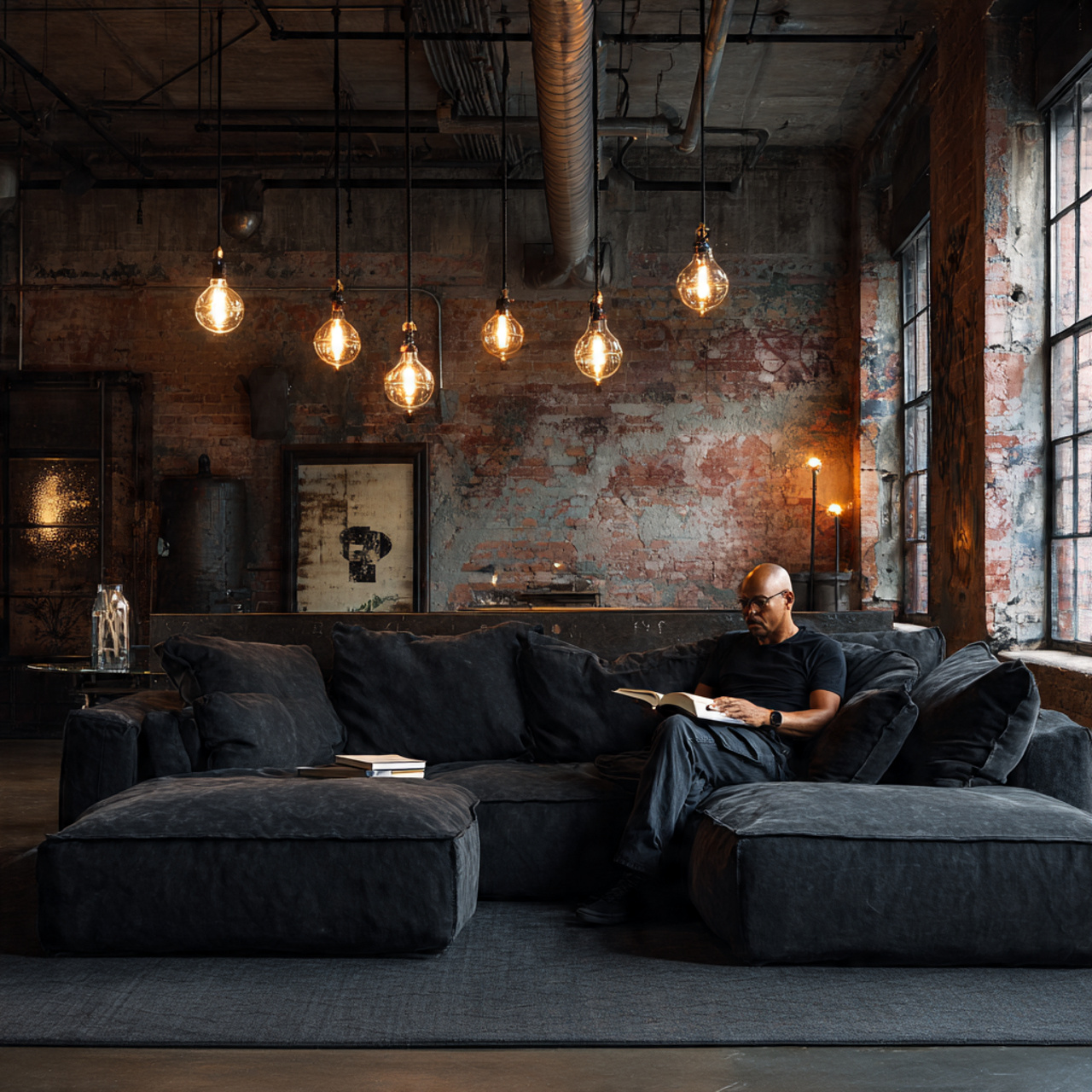 black couch in an industrial loft with