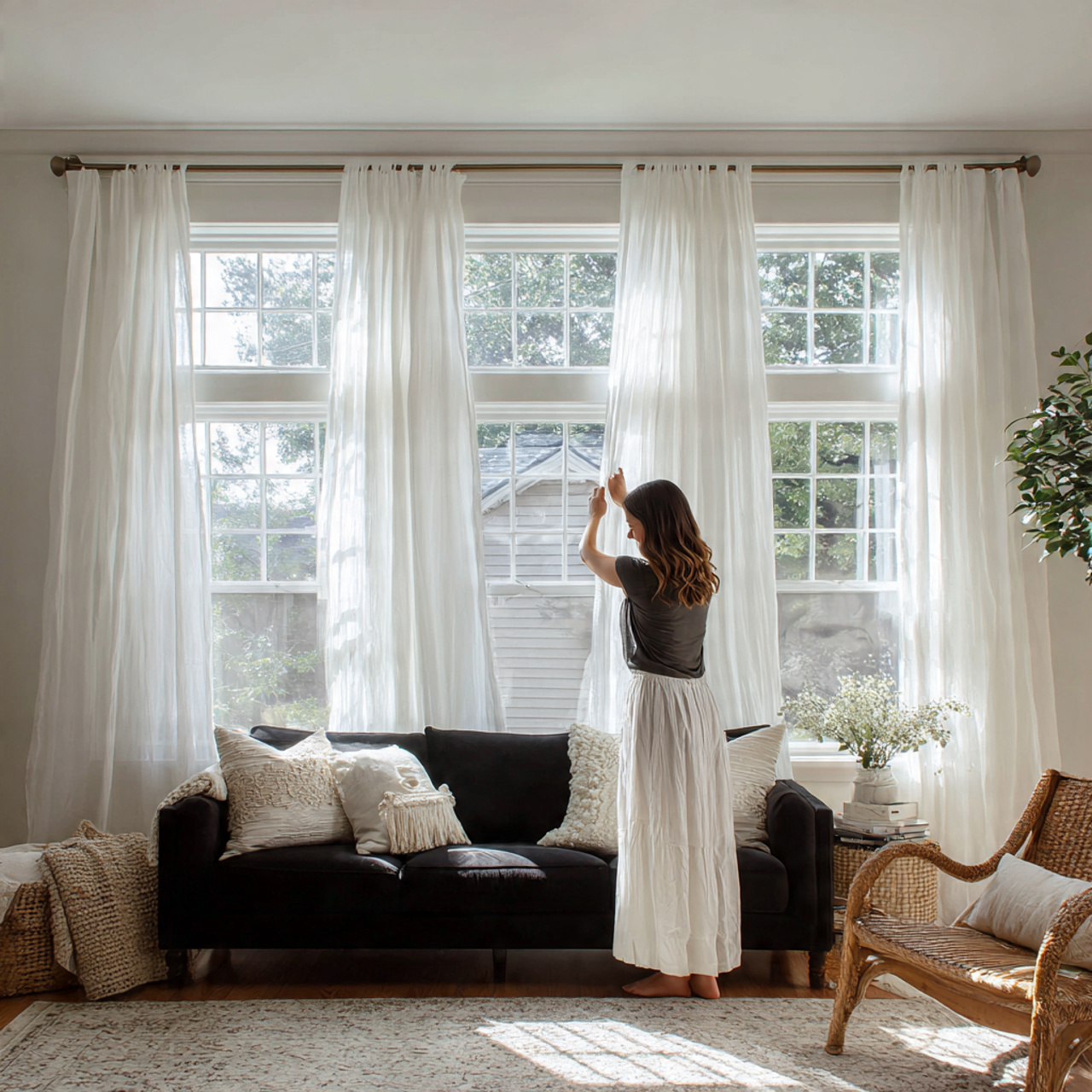 black couch near large windows with sheer