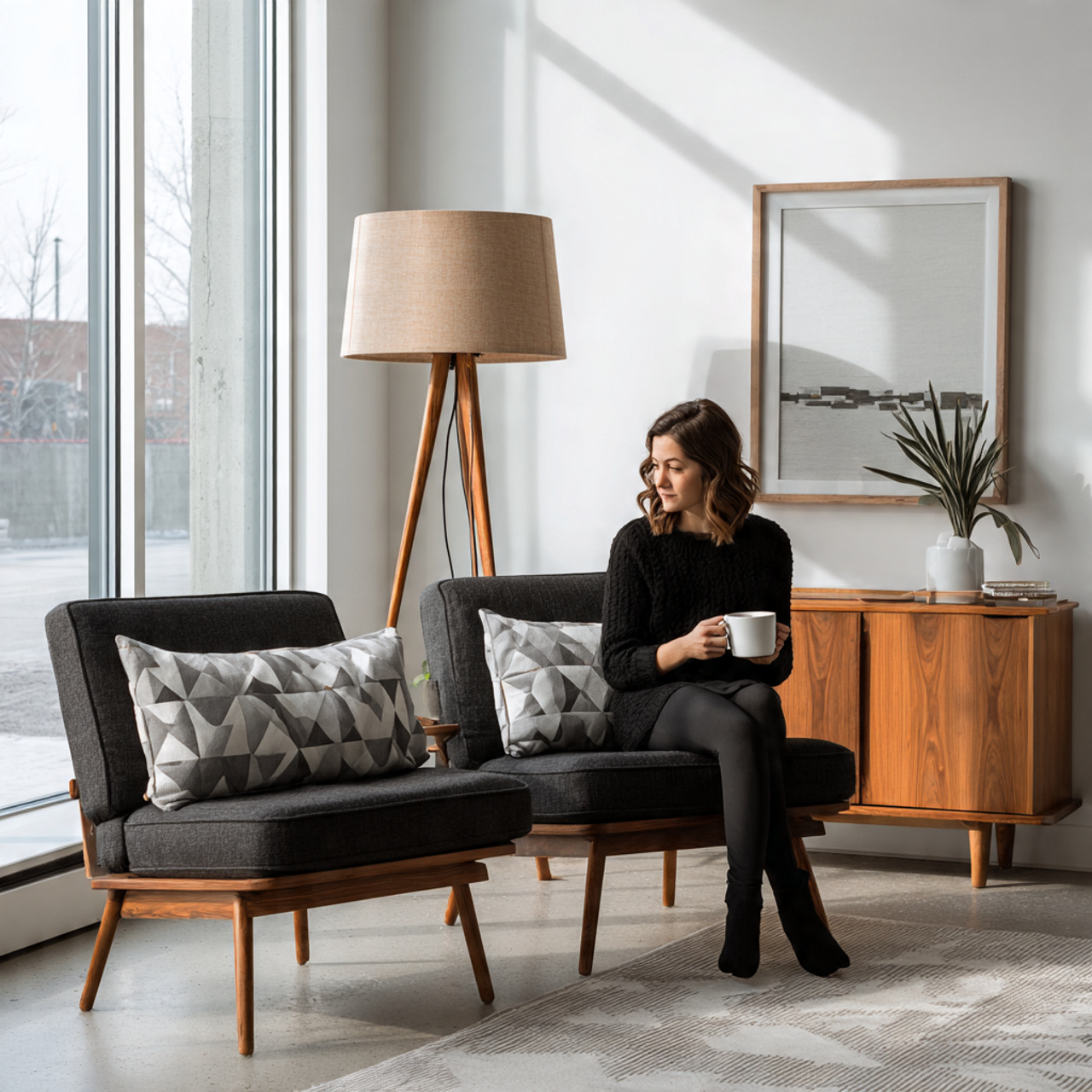 black couch paired with mid century modern chairs