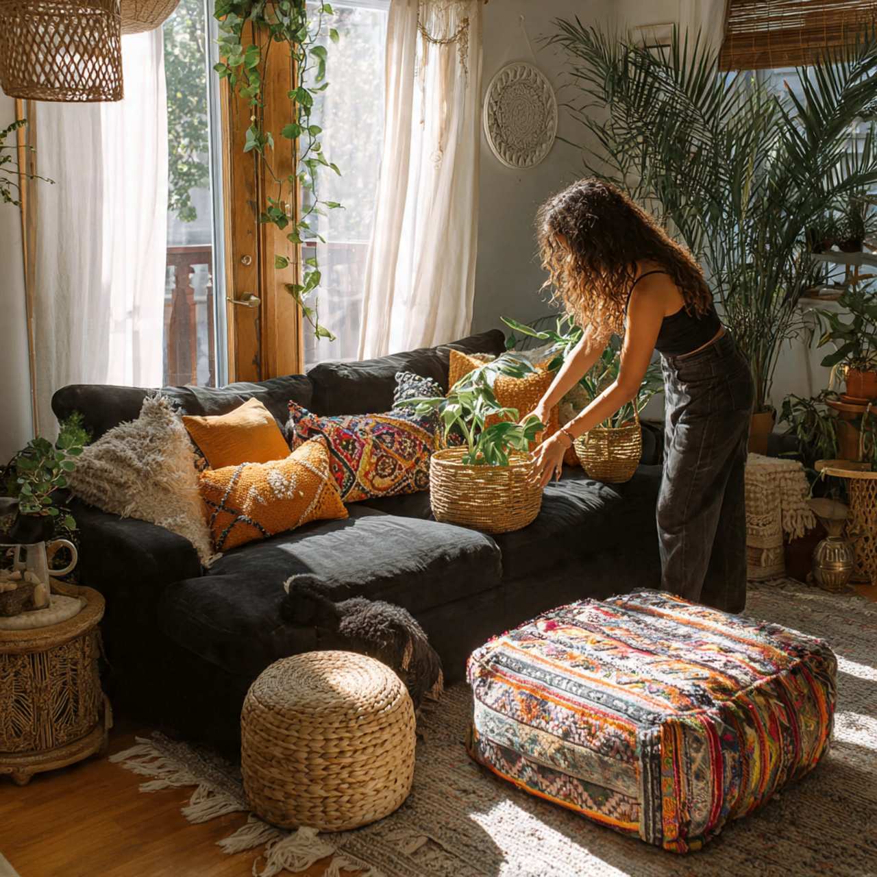 black couch styled with colorful patterned kilim