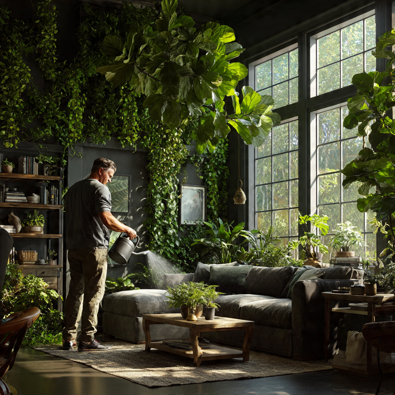 black couch surrounded by lush green plants